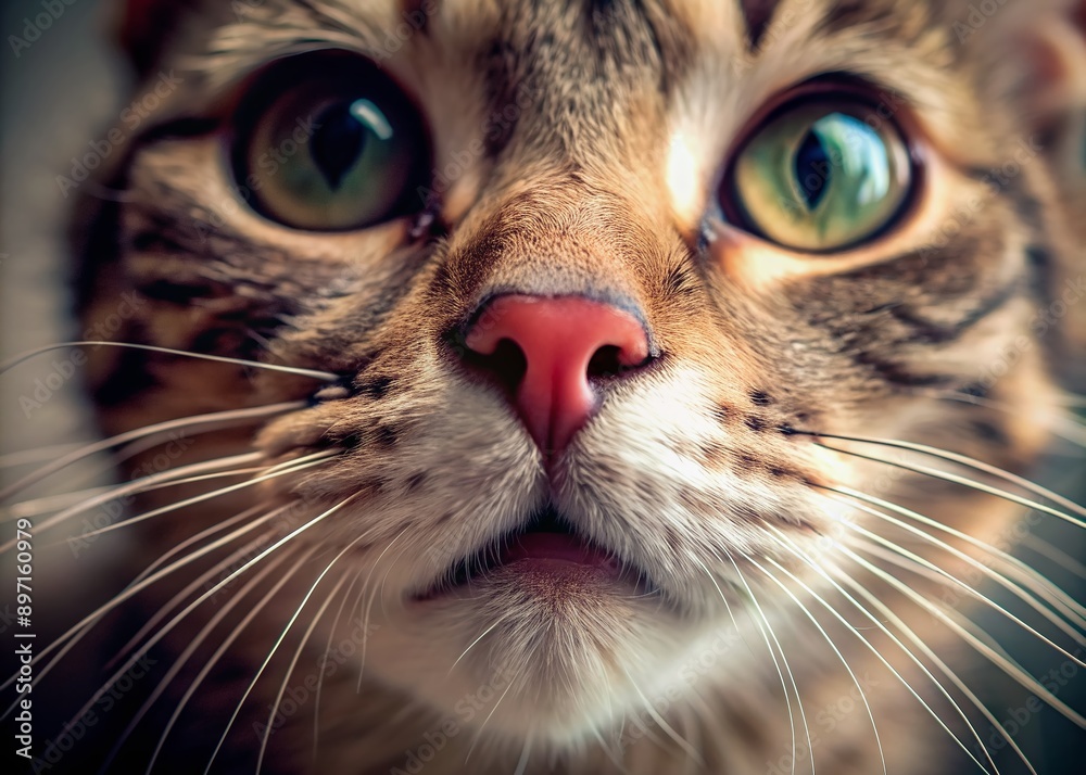 Adorable whiskered feline nose with tiny pink nostrils and delicate fur, softly lit to highlight intricate details and textures of this curious cat's feature. Adorable whiskered feline nose with tiny pink nostrils and delicate fur, softly lit to highlight intricate details and textures of this curious cat's feature.