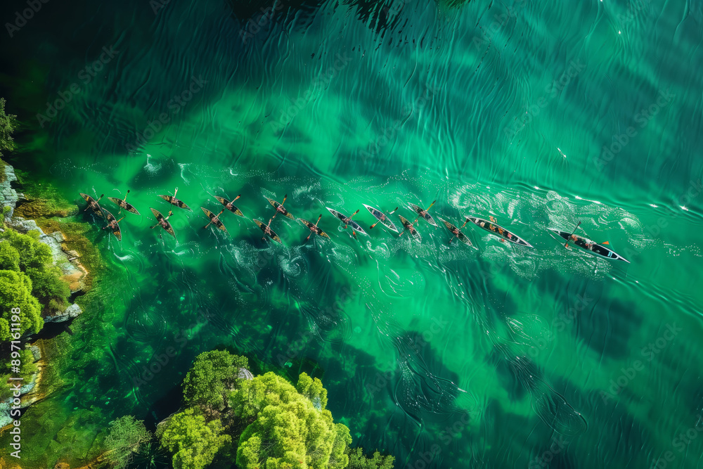 Obraz premium An Aerial View of Kayakers Paddling Through Emerald Waters