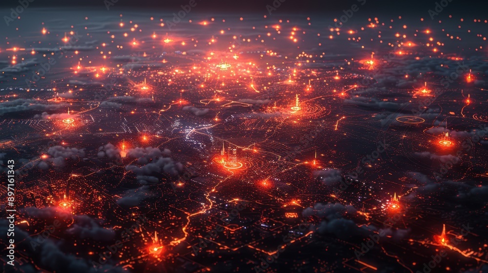 AI-driven connectivity map, dark grey backdrop, electric red pathways, illuminated hubs, futuristic and sophisticated. AI-driven connectivity map, dark grey backdrop, electric red pathways, illuminated hubs, futuristic and sophisticated.