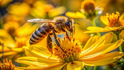 Vibrant yellow petals surround a busy bee as it flits from anthers to stigma, gathering precious pollen grains in a burst of warm sunlight glory.