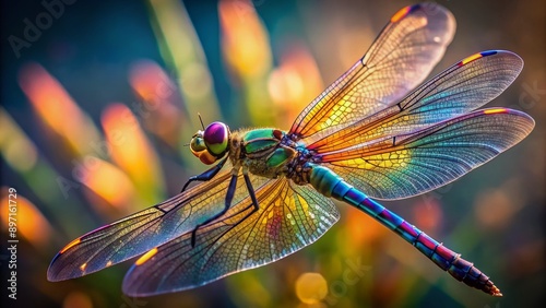 Vibrant iridescent wings and intricate body patterns of a dragonfly in mid-air, captured in stunning detail with perfect focus and natural lighting.