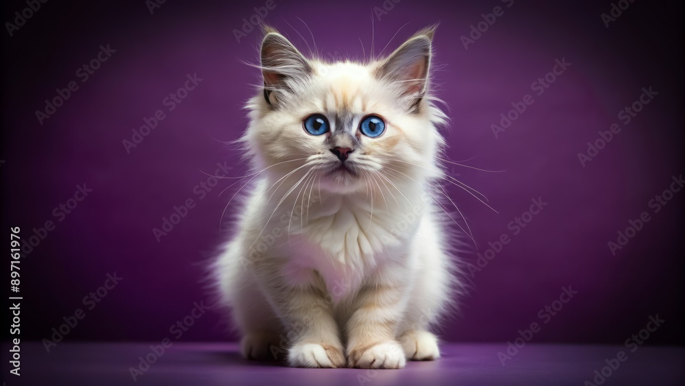 Fototapeta premium Charming Sacred Birman kitten with distinctive blue eyes and pointy ears stands upright on a rich purple background, looking directly ahead.