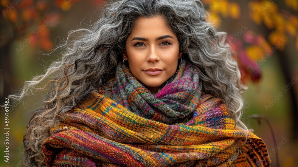 A serene portrait of a woman with flowing long curly gray hair, wrapped in a colorful knitted scarf, set against a vibrant autumnal background A serene portrait of a woman with flowing long curly gray hair, wrapped in a colorful knitted scarf, set against a vibrant autumnal background