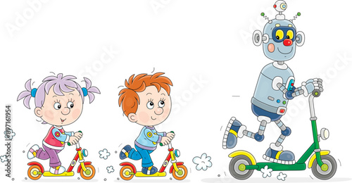 Happy little kids and a funny toy robot merrily riding their scooters on a playground in a park, vector cartoon illustration isolated on a white background