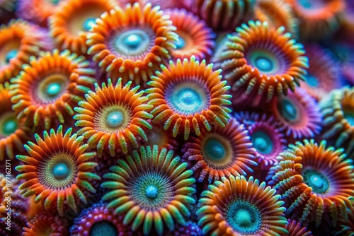 Vibrant coral polyps unfold like tiny flowers in a detailed macro shot, showcasing marine life, ocean biodiversity, and underwater ecosystems in stunning colorful clarity.