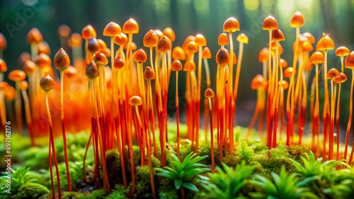 Vibrant orange sporophytes burst forth from lush green moss clumps, showcasing the fascinating lifecycle stage of this tiny, non-vascular plant in sharp, high-resolution detail. photo