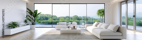 Spacious contemporary living room with panoramic windows and minimalist decor, modern luxury home interior, tranquility and elegance