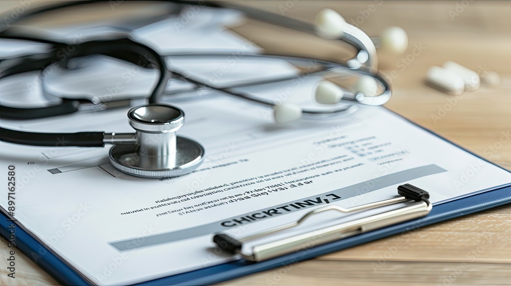 A close-up of a stethoscope and a health insurance document on a desk A close-up of a stethoscope and a health insurance document on a desk