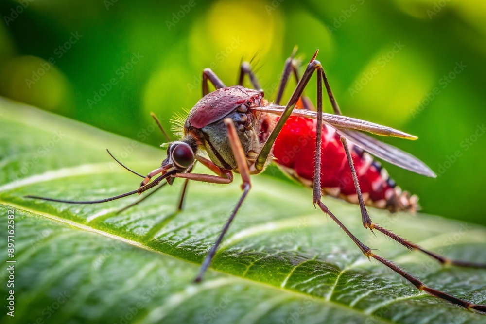 Macro shot of a red, swollen mosquito bite on skin with a nearby mosquito perched on a leaf, highlighting the perpetrators proximity to its handiwork. Macro shot of a red, swollen mosquito bite on skin with a nearby mosquito perched on a leaf, highlighting the perpetrators proximity to its handiwork.