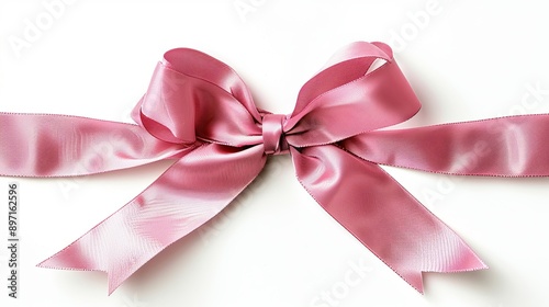 A pink ribbon with a bow is shown on a white background