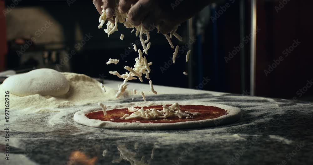 Super slow motion close up of fresh mozzarella cheese is being put on traditional italian dish of pizza margherita with tomato sauce on rustic restaurant kitchen at 1000 fps.