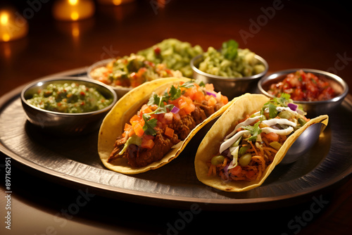 Close up of mexican tacos with guacamole and salsa