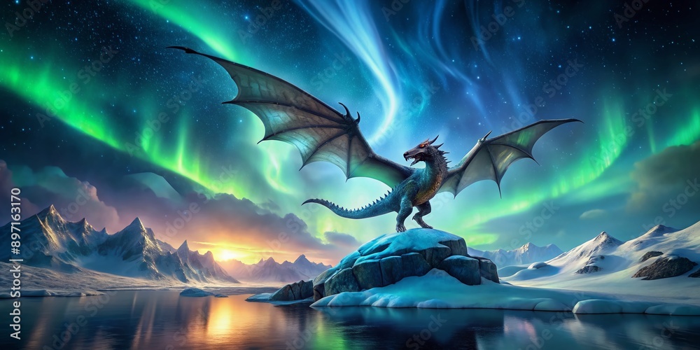 Majestic dragon soars beneath vibrant, swirling Aurora Borealis in a ...