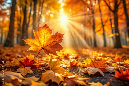 Vibrant autumn leaves in warm golden light against a soft blurred background of falling leaves, illuminated by a bright sun shining through the trees.