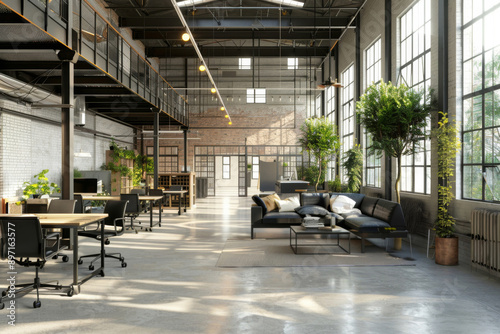 Wallpaper Mural Business, office and empty with furniture, comfort and minimal for workspace of room, table and startup. Warehouse, industrial and architecture of property, plants and modern interior design in loft Torontodigital.ca