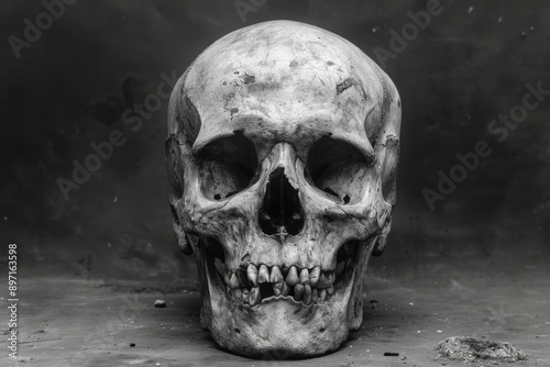 A monochrome close-up photograph of an ancient and weathered human skull resting on a slightly dusty surface against a dark, textured background © aicandy