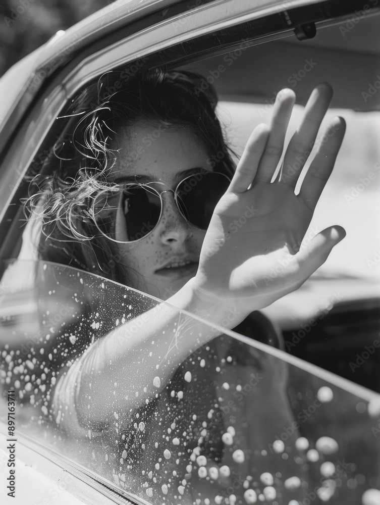 A person is waving outside a moving vehicle, possibly saying goodbye or greeting someone