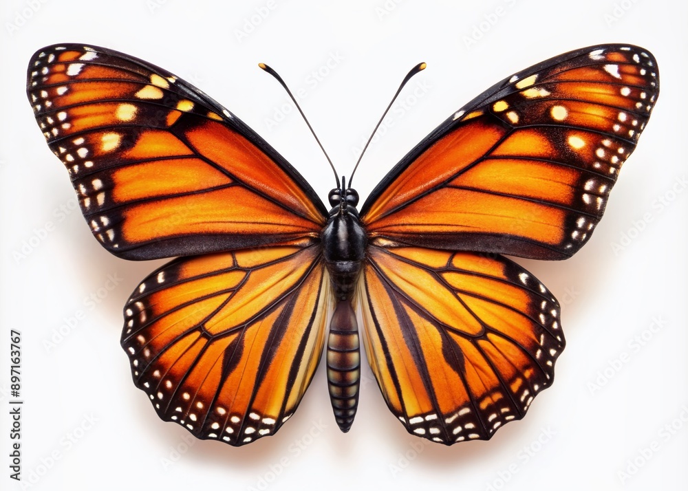 Fototapeta premium Vibrant orange and black monarch butterfly with delicate veins and intricate patterns, spreads its majestic wings, symbolizing freedom and summer's warmth, on a pure white background.