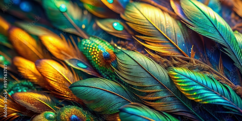 Obraz premium Vibrant close-up of iridescent bird feathers in shimmering shades of emerald green, sapphire blue, and amber, showcasing intricate patterns and textures in stunning detail.