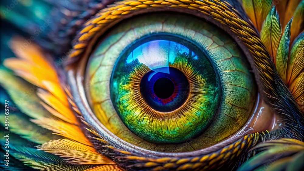 Obraz premium Vibrant close-up macro photo of a bird's eye, showcasing intricate details of feathers, iris, and pupil in stunning clarity, set against a soft, blurred background.