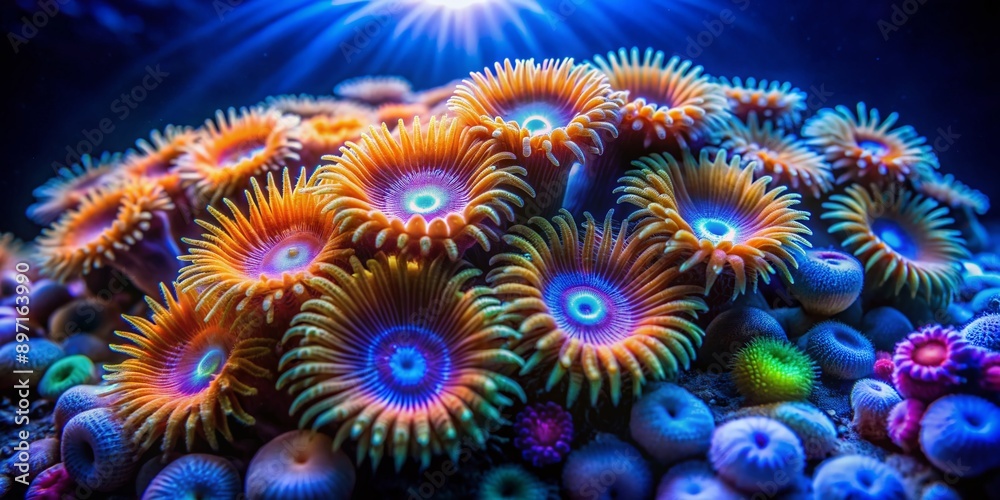 Vibrant coral polyps shimmer with an otherworldly radiance, suspended in a serene, dark blue ocean, evoking a sense of enchantment and wonder in this surreal seascape. Vibrant coral polyps shimmer with an otherworldly radiance, suspended in a serene, dark blue ocean, evoking a sense of enchantment and wonder in this surreal seascape.