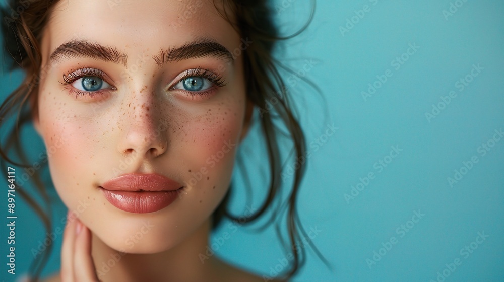 Captivating Gaze: A close-up portrait of a woman with alluring blue eyes and soft, natural makeup, radiating beauty and confidence. Captivating Gaze: A close-up portrait of a woman with alluring blue eyes and soft, natural makeup, radiating beauty and confidence.