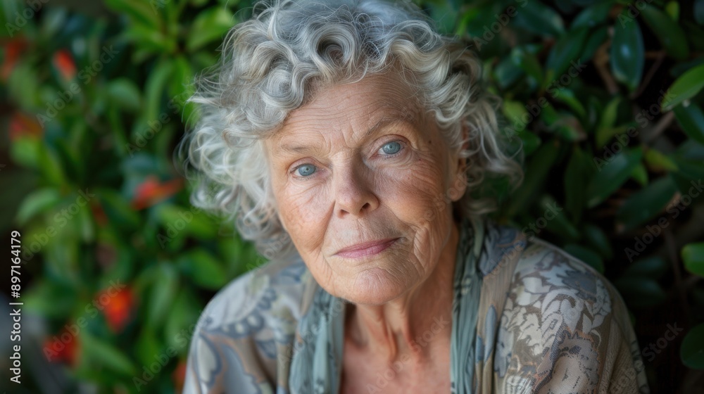 A serene portrait of an elderly woman with a gentle, contemplative expression, set against a lush, green foliage background that highlights her silver hair and blue eyes