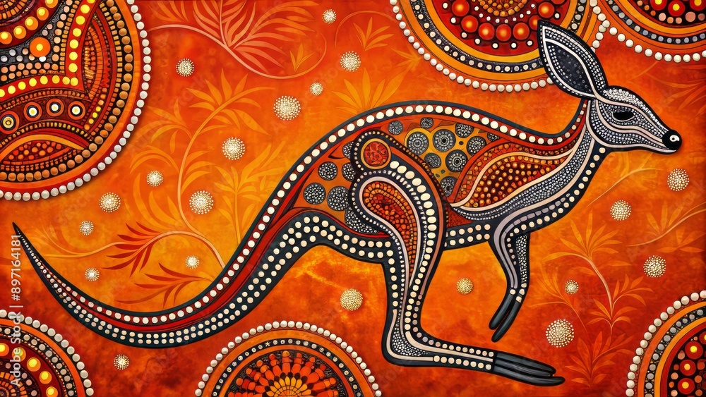 Obraz premium Vibrant colorful Australian-inspired Aboriginal art depiction of a majestic kangaroo set against a striking red-orange ochre backdrop.