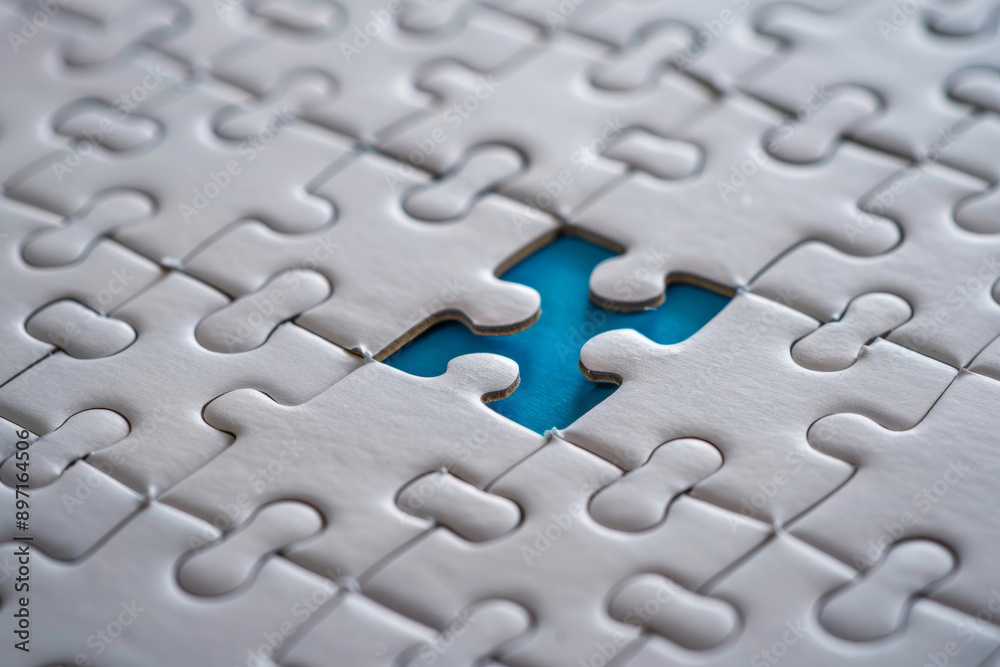 White puzzle with one piece missing, revealing blue background underneath White puzzle with one piece missing, revealing blue background underneath