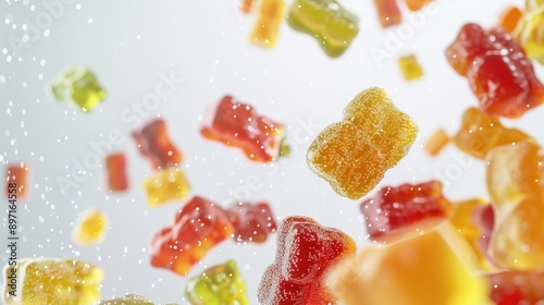 A colorful array of gummy bears suspended in mid-air, perfect for illustrating playful and whimsical concepts