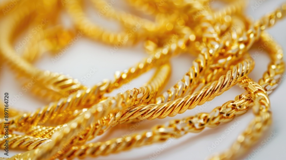 Gold necklaces coiled on white background Gold necklaces coiled on white background