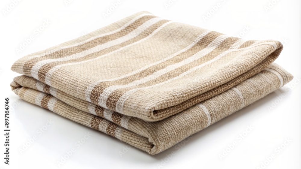 Soft, absorbent kitchen linen towel made of natural fabric, neatly folded, isolated on a pure white background, awaiting use. Soft, absorbent kitchen linen towel made of natural fabric, neatly folded, isolated on a pure white background, awaiting use.