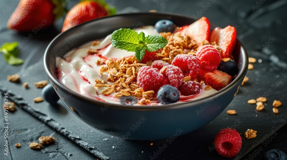 Fresh Berry Yogurt Bowl with Granola and Mint Garnish Fresh Berry Yogurt Bowl with Granola and Mint Garnish
