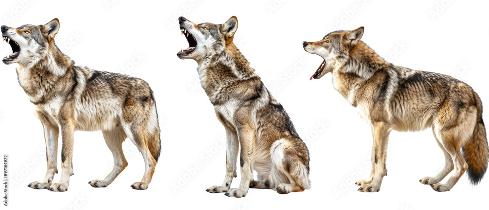 Set of isolated howling and barking wolf. cut elements, themed designs. Top view high quality PNG.