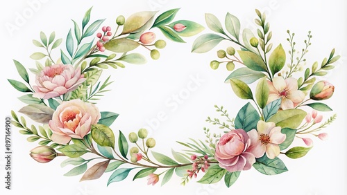 Delicate watercolor wreath adorned with lush spring foliage, featuring soft petals and intricate leaf details, perfect for elegant design and illustration projects.