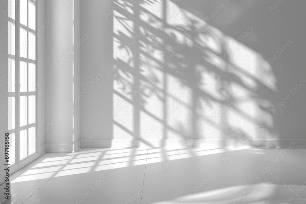 Minimalist room with large windows, sunlight and shadows on white walls and floor Minimalist room with large windows, sunlight and shadows on white walls and floor