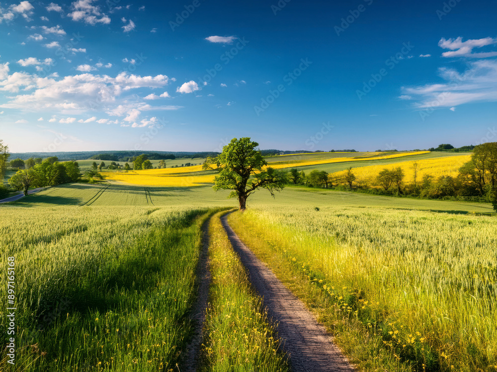 Fototapeta premium field with green farms and blue sky