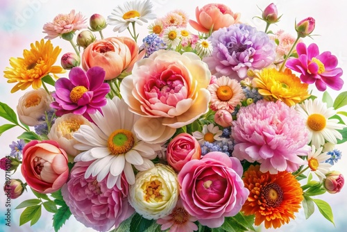Vibrant colorful watercolor flowers including peonies, roses, and daisies blooming together in a whimsical arrangement on a clean white background with soft focus.