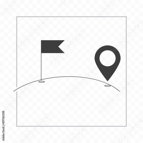 Route in line shape. Travel concept. Location of golf hole. Golf position sign on white background.