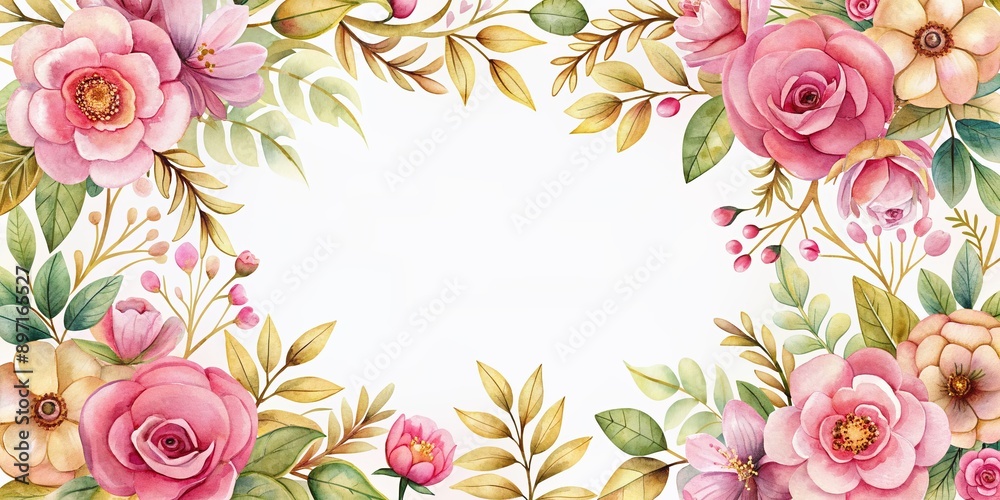pink and gold floral Frame,copy space for text card with flowers and leaves , watercolour , wedding invite,Happy Women's, Mother's, Valentine's Day, birthday greeting card design. pink and gold floral Frame,copy space for text card with flowers and leaves , watercolour , wedding invite,Happy Women's, Mother's, Valentine's Day, birthday greeting card design.