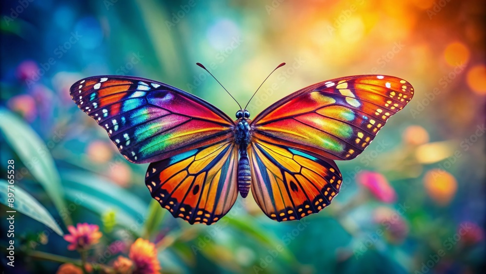 Vibrant colorful butterfly with intricately painted wings spread wide, showing delicate veins and edges, takes flight against a soft, blurred natural background. Vibrant colorful butterfly with intricately painted wings spread wide, showing delicate veins and edges, takes flight against a soft, blurred natural background.
