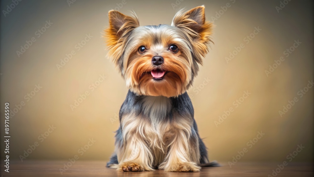 Adorable fluffy blue gold Yorkshire terrier dog sits upright with endearing smile, cute whiskers, and big brown eyes facing forward. Adorable fluffy blue gold Yorkshire terrier dog sits upright with endearing smile, cute whiskers, and big brown eyes facing forward.