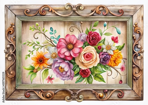Vibrant watercolor flowers in a distressed wooden frame, adorned with elegant swirls and ornate details, isolated on a transparent background, exuding a sense of vintage charm.