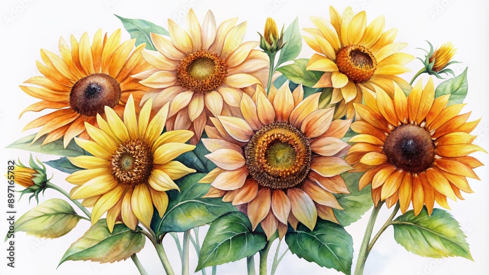 Vibrant watercolor sunflowers with delicate petals and golden centers bloom against a crisp white background, exuding warmth and happiness in a beautiful floral arrangement. Vibrant watercolor sunflowers with delicate petals and golden centers bloom against a crisp white background, exuding warmth and happiness in a beautiful floral arrangement.