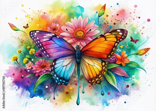 Vibrant watercolor butterfly perched on a stylized flower bloom against a crisp white background, surrounded by dynamic, colorful graffiti patterns and splatters.