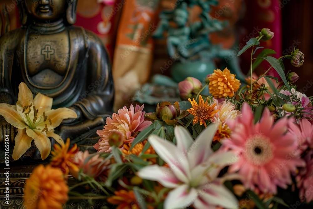 Fototapeta premium Bronze buddha statue surrounded by a vibrant arrangement of lilies, daisies, and dahlias, creating a serene and spiritual atmosphere
