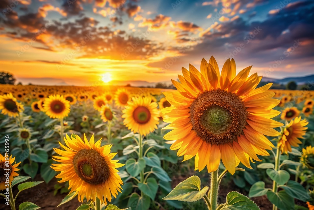 Fototapeta premium Vibrant sunflowers swaying in a serene, endless field, bathed in soft, warm light, their petals shimmering with delicate watercolor hues, embodying the radiant beauty of summer.