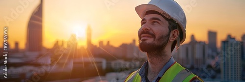 Bearded engineer in a hard hat and safety vest overlooking a cityscape at sunrise. Engineering and construction industry photo