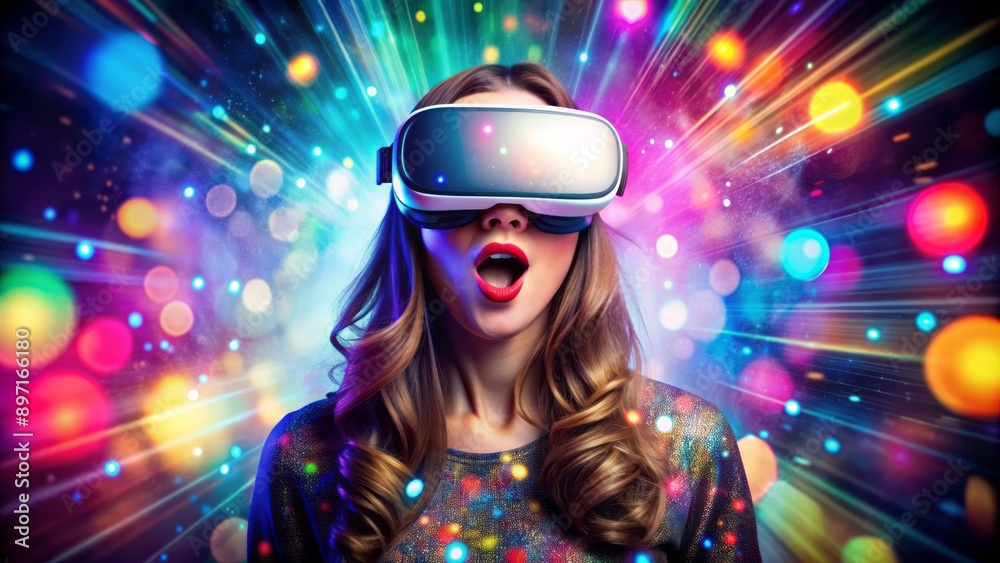 Young woman's stunned expression reflected in VR goggles amidst vibrant digital lights, symbolizing virtual world immersion and futuristic tech. Young woman's stunned expression reflected in VR goggles amidst vibrant digital lights, symbolizing virtual world immersion and futuristic tech.