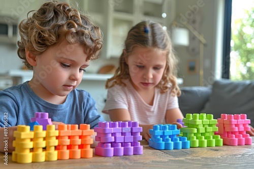 Young Children Engaged in Homeschool Math Learning Using Colorful Blocks